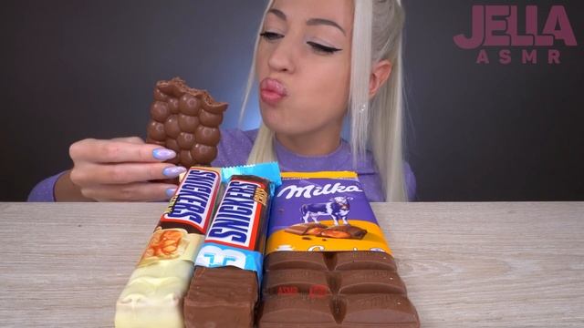 ASMR EATING MILKA CHOCOLATE & SNICKERS, CANDY BARS, ICE CREAM, 초코바 초콜릿 (DESSERT) MUKBANG 먹방 смотреть онлайн