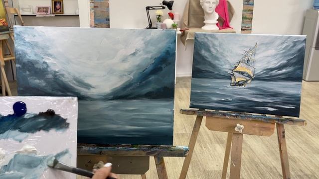 Легкий способ рисования моря. Рисуем море поэтапно. Парусник, золотая поталь. Холст/акрил. смотреть онлайн