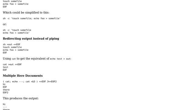 Unix & Linux: How do you use output redirection in combination with here-documents and cat? смотреть онлайн