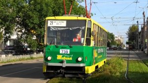 Трамвай Екатеринбурга Tatra T6B5SU борт. №739 следует по маршруту 21 по ул. Луначарского