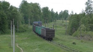 Тепловоз ТЭМ2-5685 везёт вагоны с лесом и полувагоны