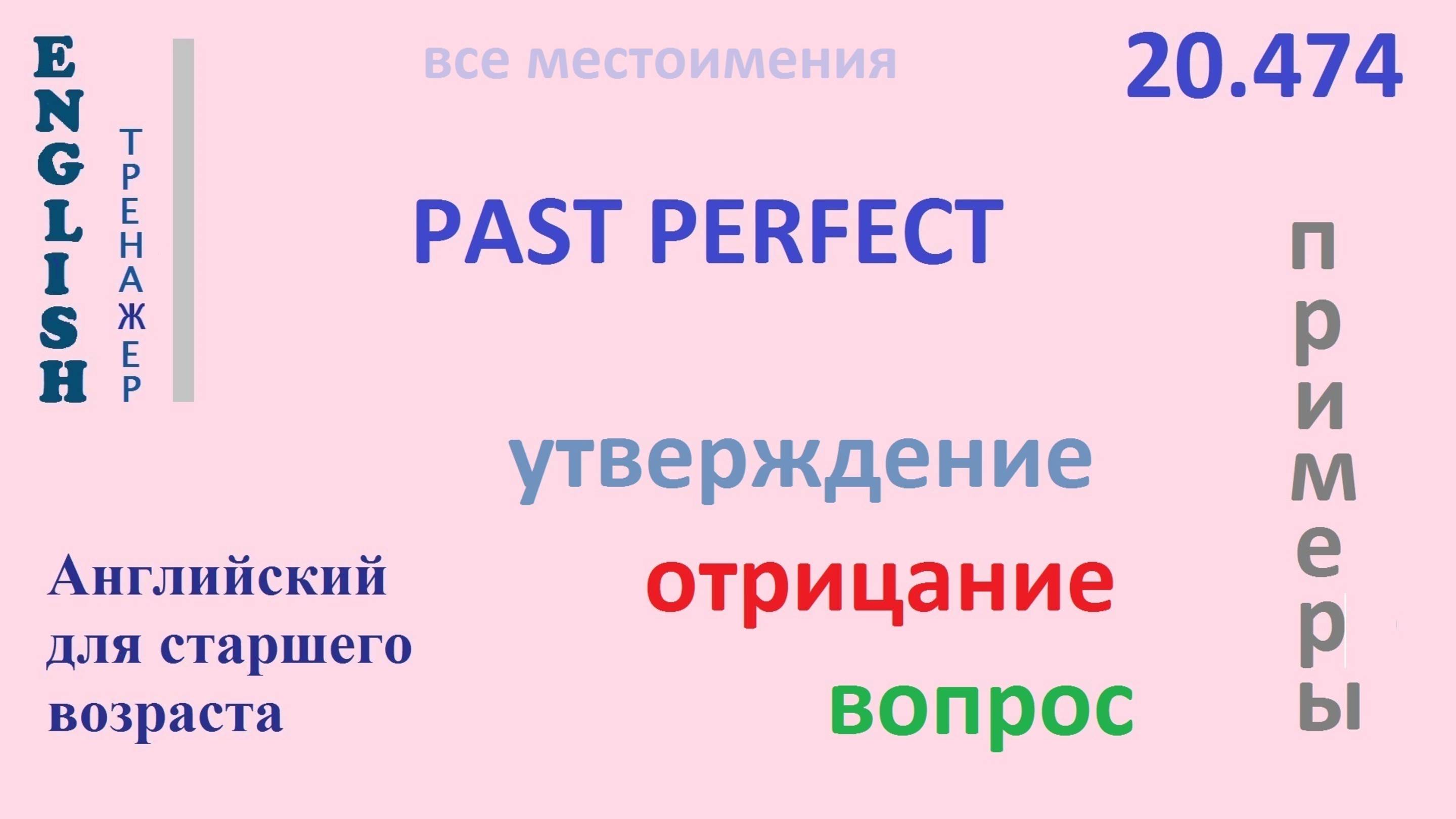 Английский ТРЕНАЖЕР 20.474 Past Perfect  I he she it we you they утв. отр. вопр.  ПРИМЕРЫ