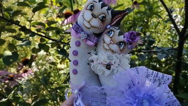 котики неразлучники льняные в сиреневом кружеве