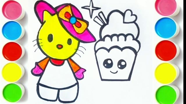 Hello Kitty and Hat with cake drawing# Kitty for painting and colour cake drawing kids Art# смотреть онлайн