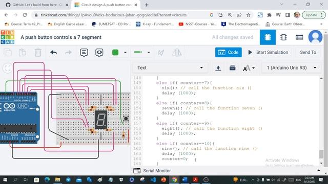 a push button controls a 7 segment using counter | tinkercad смотреть онлайн