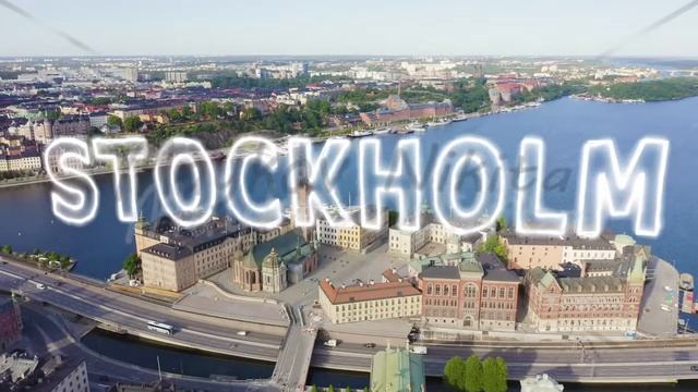 Inscription On Video. Stockholm, Sweden. Old Town - Gamla Stan. Riddarholmen. Aerial View. Neon Whi