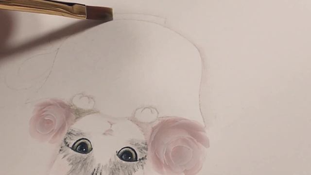 トールペイント バラのカップに入った猫ちゃん アクリル画