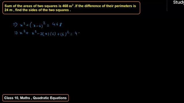 The sum of the areas of two squares is 468 m^2. If the difference of their perimeters is 24 m, смотреть онлайн