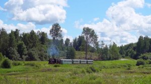 Узкоколейный паровоз с поездом на железной дороге в Латвии (Banitis)