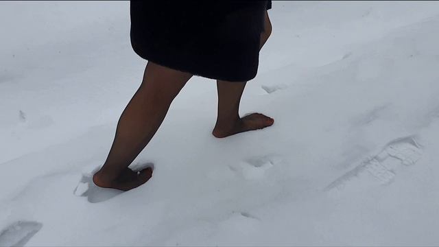 Black Stockings In Snow Walk, Barefoot In Snow, Nylon Sexy Feet In Snow, Snow Pantyhose (# 174)