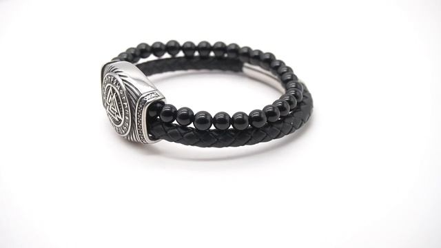 Браслет из черного оникса и кожи с руническим знаком Валькнут сталь смотреть онлайн
