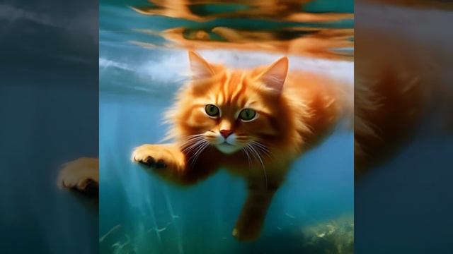 Котик Рыжик плавает с рыбками