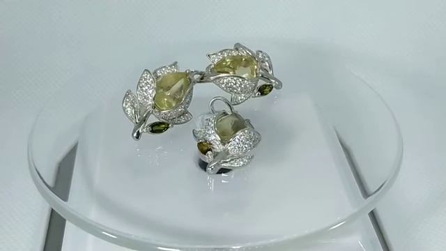 Серьги и кулон с натуральным лимонным квацем и турмалином Серебро 925 смотреть онлайн