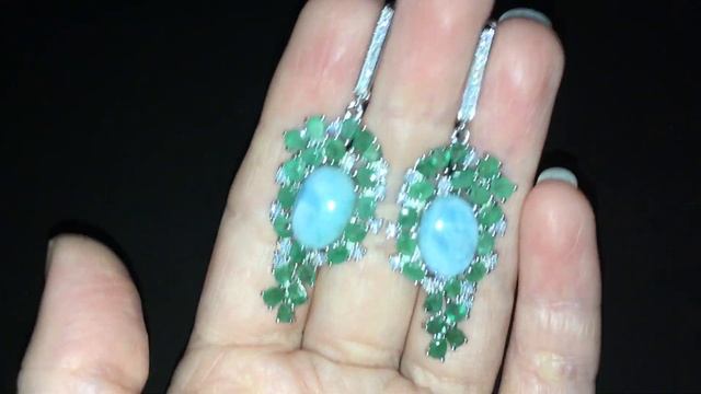 Серебряные серьги-шандельеры Ларимар & Изумруд смотреть онлайн