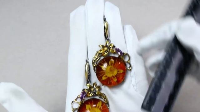 Серьги из золочёного серебра Янтарная волна с фианитом и янтарём Я721088пк-к смотреть онлайн