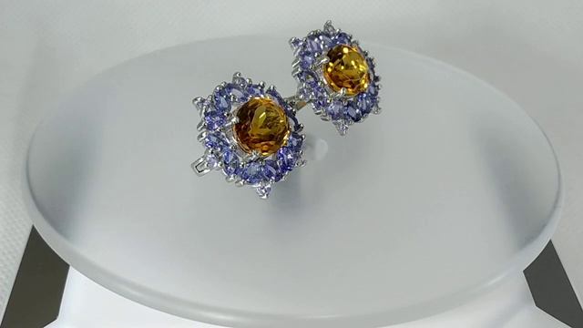 Серьги с натуральными бразильскими оранжевыми цитринами 11х9 мм и танзанитами Серебро 925 смотреть онлайн