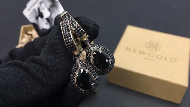 ! Серьги 471 из желтого золота 585 пробы с черными агатами и фианитами