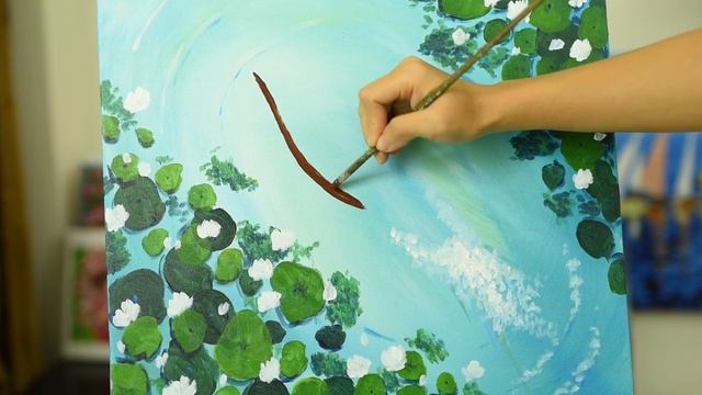 How to Paint Water Lilies Pond with a Boat / EASY Acrylic Painting Tutorial смотреть онлайн