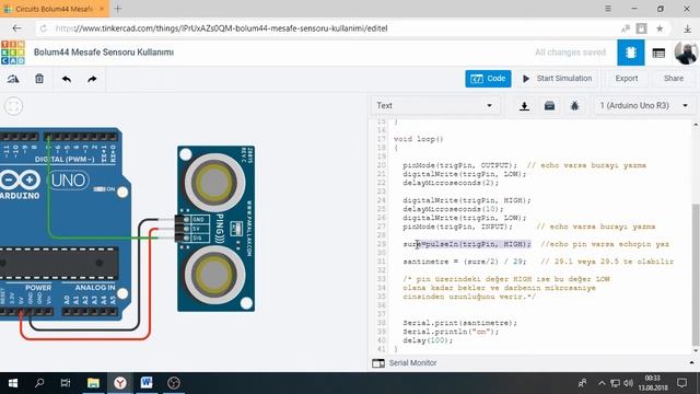 Tinkercad ile Arduino Bölüm 44 : Mesafe Sensörü Kullanımı 1 (Üç Bacaklı) смотреть онлайн