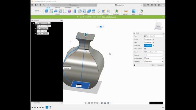 Fusion 360 Sweep demo: profile, path and guide rail to make a simple vase смотреть онлайн