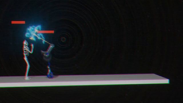 Blender robot with axe and lightning defeating a skeleton. 60 fps + sound + health bar in VHS. смотреть онлайн