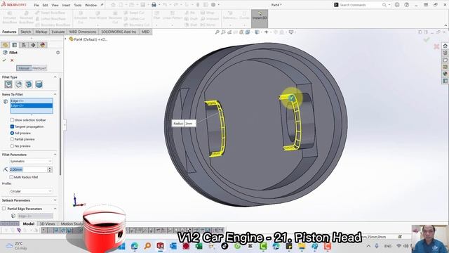 V12 Car Engine - 21. Piston Head (Project 04) Design by Solidworks смотреть онлайн