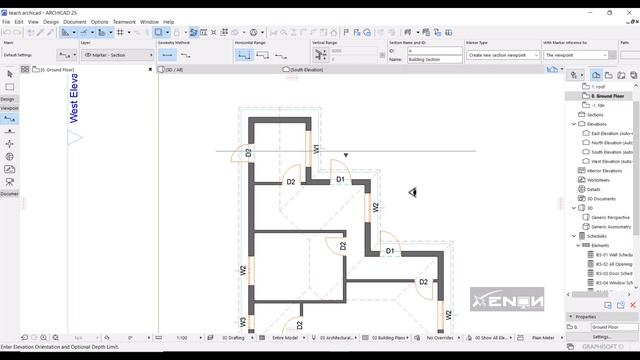 How to draw a section line in Archicad. Modify settings of a section line. смотреть онлайн
