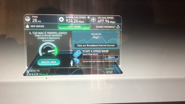 Speedtest Fibra 1Gbit (operatore DIGI) 1000/500 Mbit/s Romania vs Italia. смотреть онлайн
