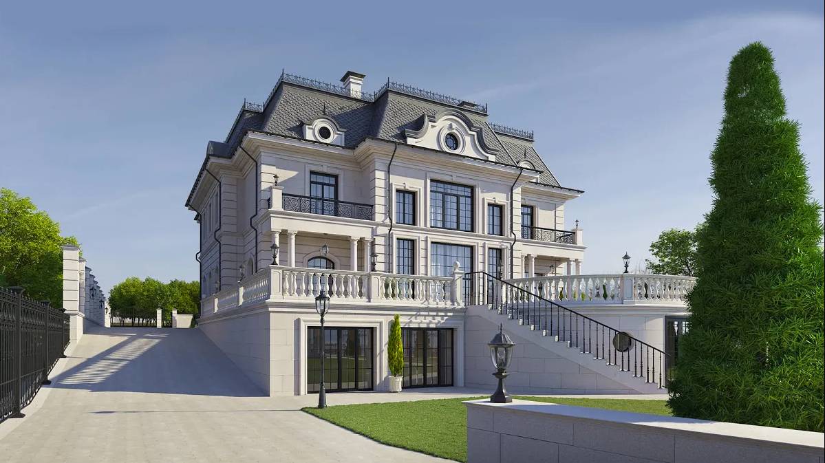 Архитектурный проект жилого дома с бассейном в классическом стиле.