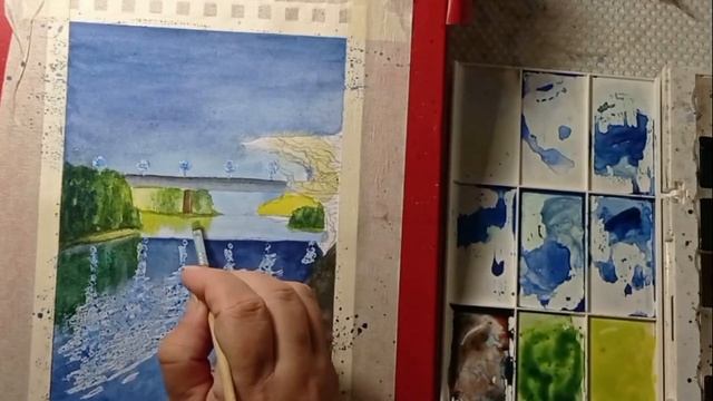 Акварель. Пейзаж.Ночной мост в Павлодаре. Landscape Watercolor.Night bridge. смотреть онлайн