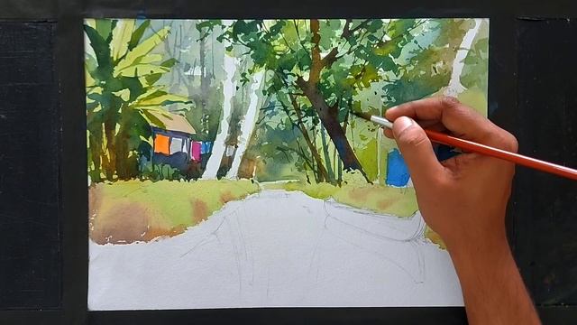 Water Color Landscape Painting - Light And Shadow - Reflection - By Artist Sunil Linus De