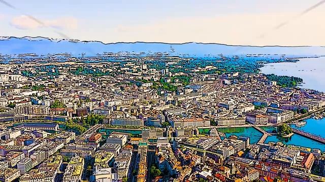 Color sketch in cartoon style. Geneva, Switzerland. Flight over the central part of the city. Lake смотреть онлайн
