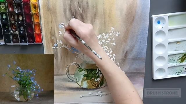 Рисуем незабудки в стеклянном кувшине акварелью.Ускоренное видео смотреть онлайн