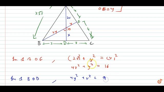 In `Delta ABC`,median AD is perpendicular to median BE, if BC=6,AC=8 and `AB=xsqrt5`,then find... смотреть онлайн