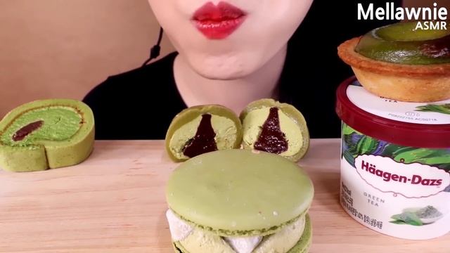 ASMR[GREEN TEA DESSERT] ICE CREAM, RICE CAKE, ROLL CAKE, TART, MACARON Eating Sounds MUKBANG 녹차디저트먹