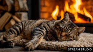 Котик спит у камина