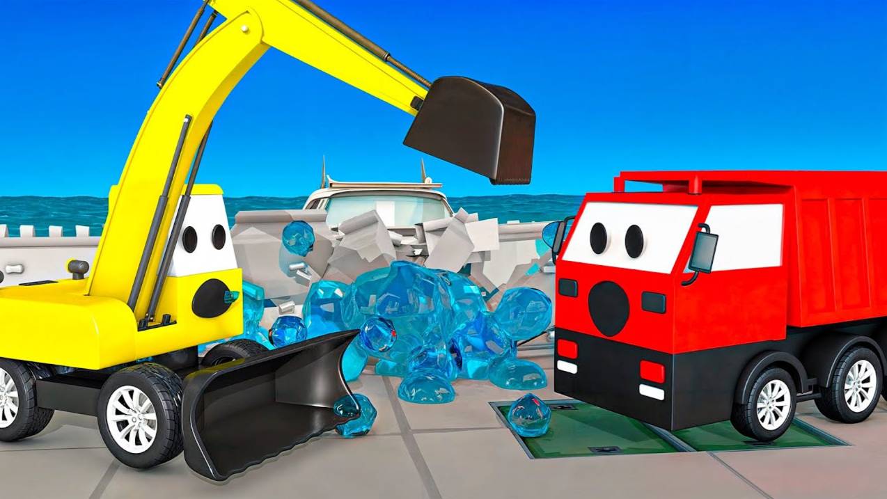 Мультики про машинки - самосвал, кран спасают и восстанавливают новую плотину. Мультики для малышей смотреть онлайн