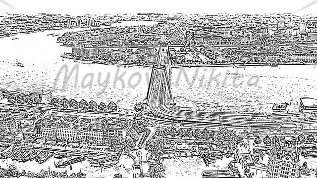 Sketch doodle style. Rotterdam, Netherlands. Williamsburg Suspension Bridge over the Nieuwe Maas Ri смотреть онлайн
