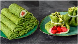 Изумрудные БЛИНЧИКИ ☆ Два вида НАЧИНКИ: творожный сыр + рыба и крем + клубника