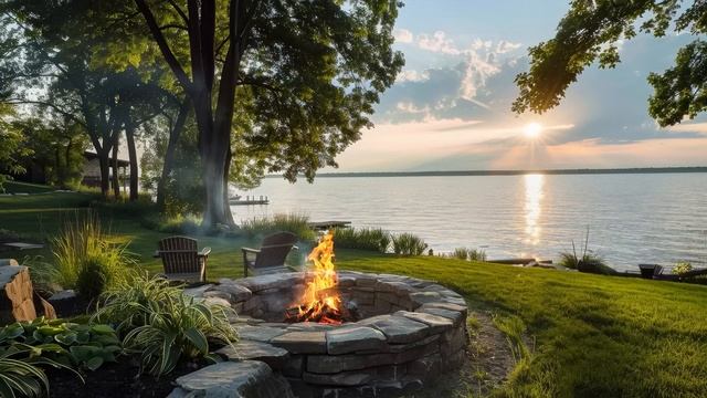 Campfire and Lake Waves in Lakefront on Morning Spring | Cozy Ambient with Nature sounds смотреть онлайн
