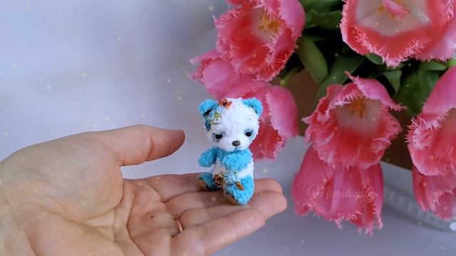Mini crocheted teal teddy panda bear. Custom miniature by Microtoysby смотреть онлайн