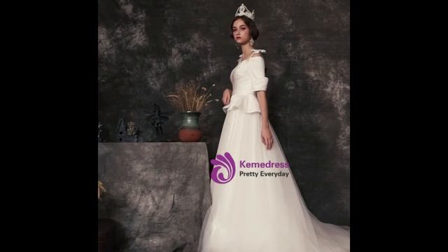 kemedress A-Line White Satin Tulle Straps Short Sleeve Wedding Dress смотреть онлайн