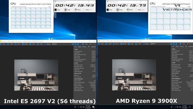 3Dsmax Corona 2 Render Time Exterior AMD Ryzen 9 3900X Vs Intel Xeon E5 2697 V2