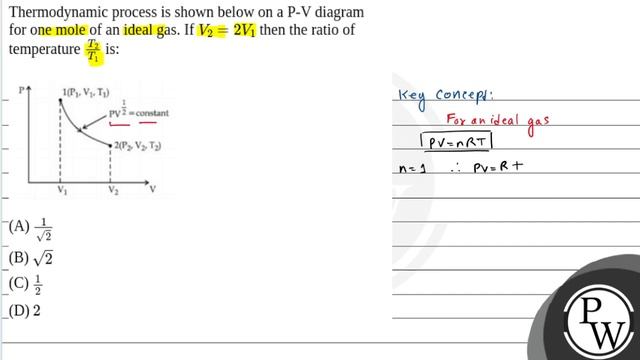 Thermodynamic process is shown below on a P-V diagram for one mole of an ideal gas. If \(V_2=2 V... смотреть онлайн