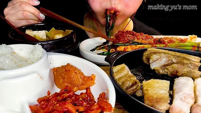 ASMR)잘 구워진🐷 삼겹살구이와 🌶실비김치, 실비파김치와 🍚🥬쌈싸서🥘된장찌개와먹방Grilled Pork Belly And Silbi Kimchi Eating Show