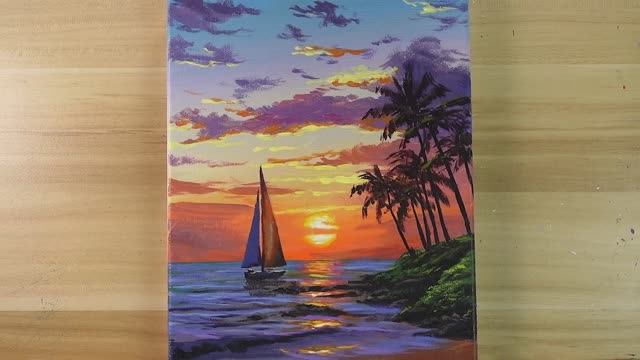 Рисуем пейзаж с парусником на закате / Урок акриловой живописи смотреть онлайн