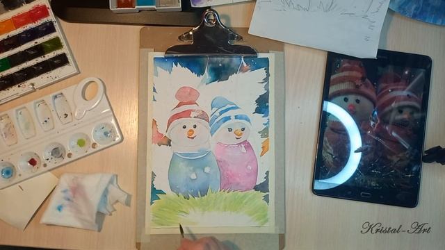 Рисую снеговичков акварелью смотреть онлайн