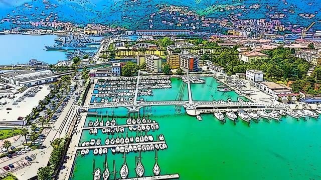 Color sketch in cartoon style. La Spezia, Italy. Bridge Thaon di Revel. View from above, Aerial Vie смотреть онлайн