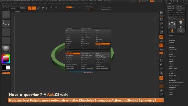 #AskZBrush: “How can I get Polys to move outwards with the ZModeler Transpose Action and Symmetry?” смотреть онлайн