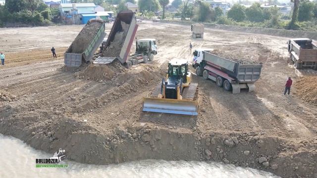 Big Project Filling Land! SHANTUI Bulldozer Process With Dump Trucks Operated Pushing And Dumping